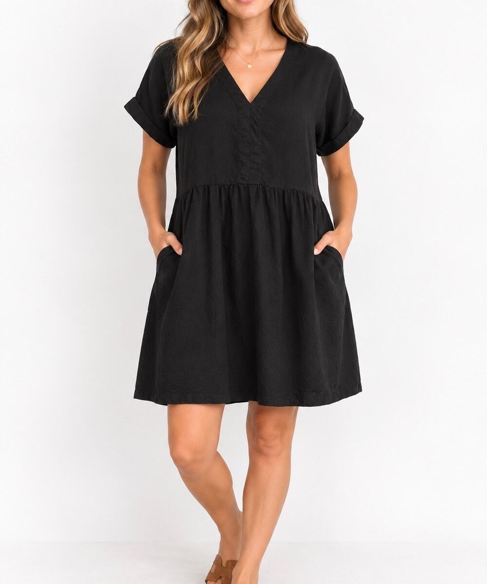 Briggs Women's Black V-Neck Babydoll Linen Blend Dress Size Small